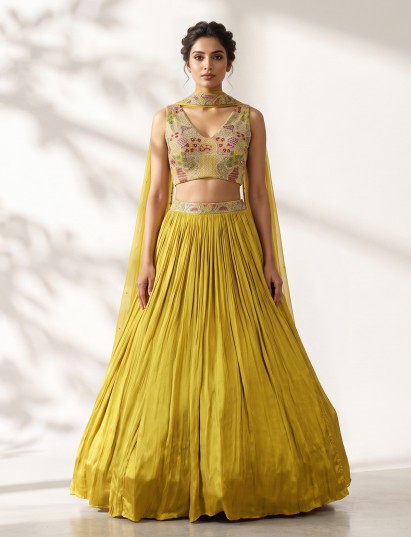 Yellow chinon silk haldi special lehenga choli