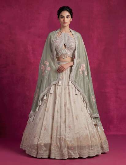 Off white halter designer lehenga choli with dupatta