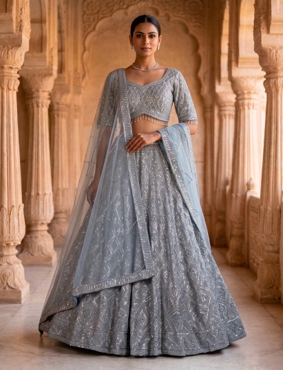 Grey premium net wedding lehenga choli with dupatta