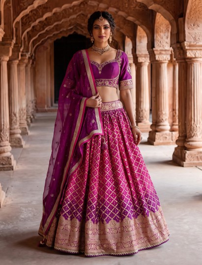 Violet bandhani silk lehenga choli with embroidered dupatta
