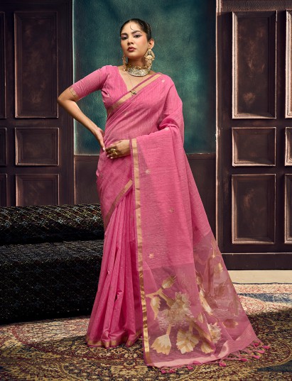 Pink festive wear munga silk woven saree