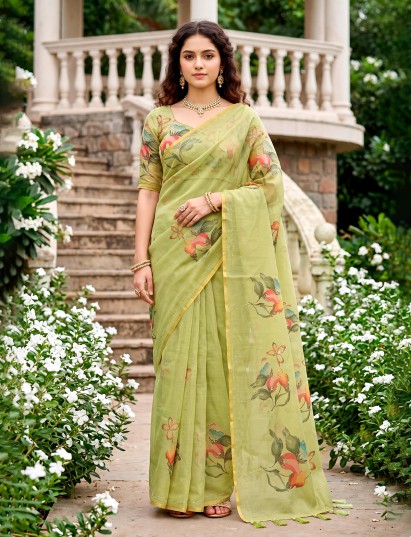 Green festive linen cotton saree with floral print and zardosi work