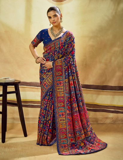 Navy blue woven modal cotton saree with timeless pashmina craftsmanship