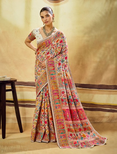 White elegant modal cotton saree with vibrant pashmina artistry