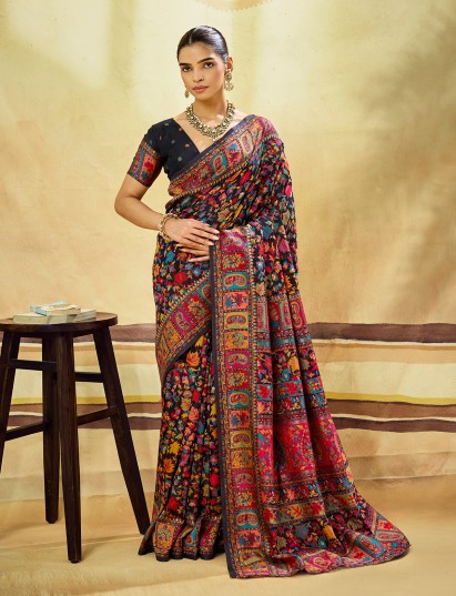 Black premium modal cotton saree with luxurious pashmina weaving