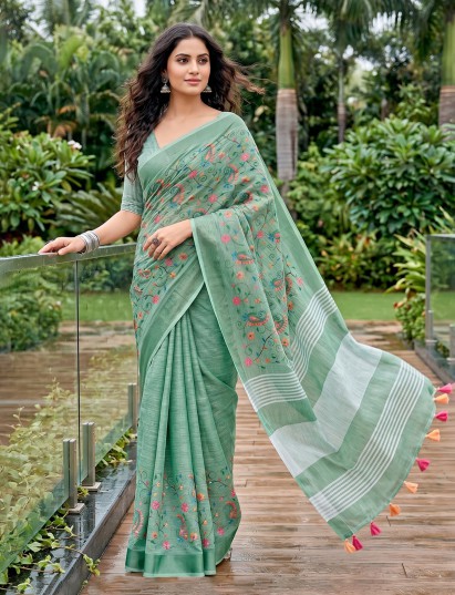 Mint green designer linen saree with kashmiri floral embroidery