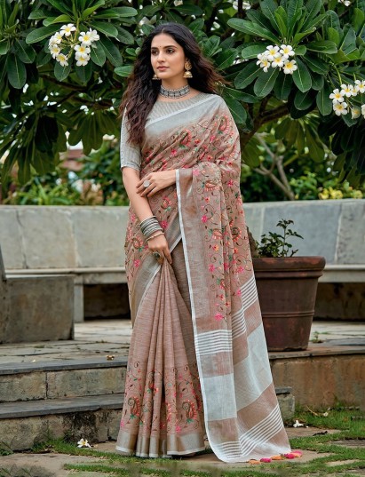 Brown floral kashmiri embroidered linen saree with elegant tassels