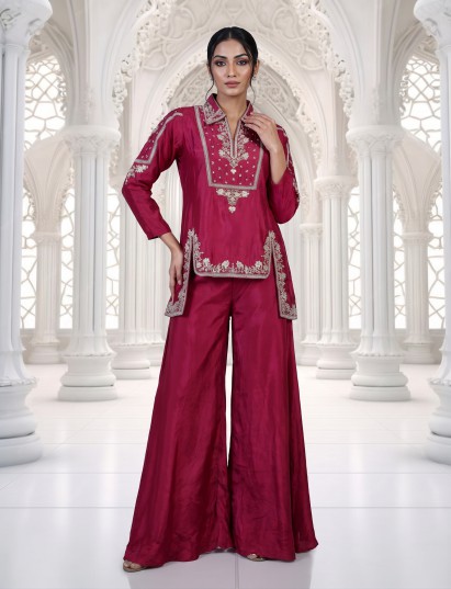 Deep magenta designer silk sharara suit with asymmetrical silhouette