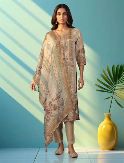 Cream printed cotton silk straight salwar suit with mirror embroidery
