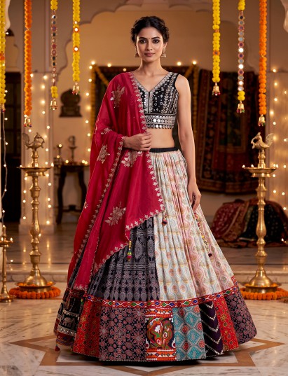 Black chinon silk navratri lehenga choli with dupatta