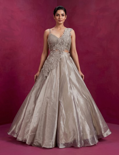 Grey shimmer tissue silk couture lehenga choli with dupatta
