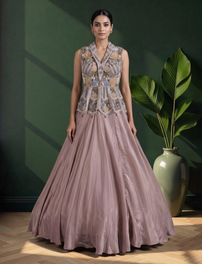 Peach crepe silk festive lehenga choli with dupatta