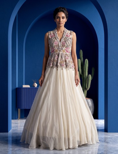 Cream crepe silk embellished lehenga choli with elegance