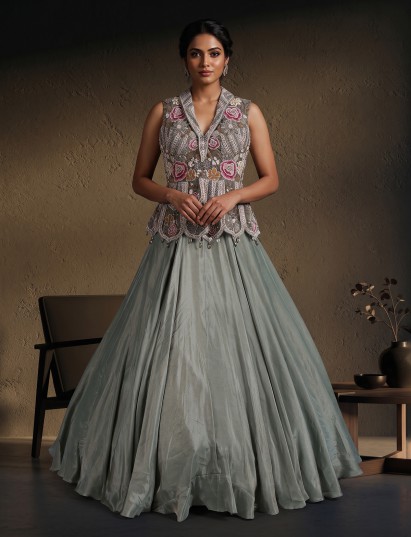 Pista green crepe silk designer lehenga choli ensemble