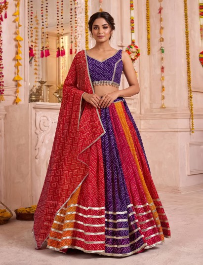 Multicolour georgette silk festive lehenga choli with dupatta