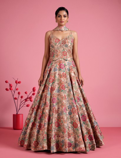Beige botanical printed crepe silk lehenga choli ensemble