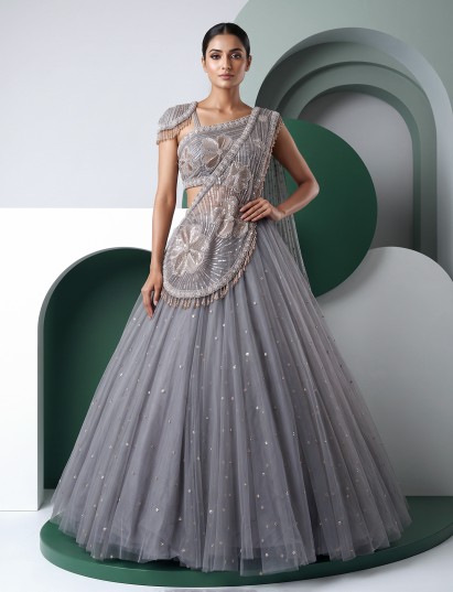 Grey luxury net lehenga choli with dramatic cape