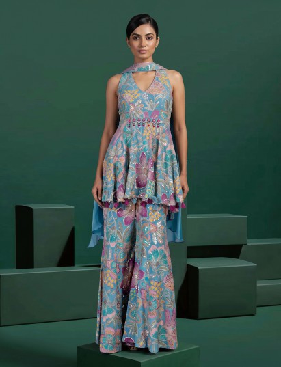 Sky blue printed silk sharara suit with embellished choker dupatta