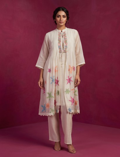 Cream cotton silk Indo-Western pant suit with sheer cape