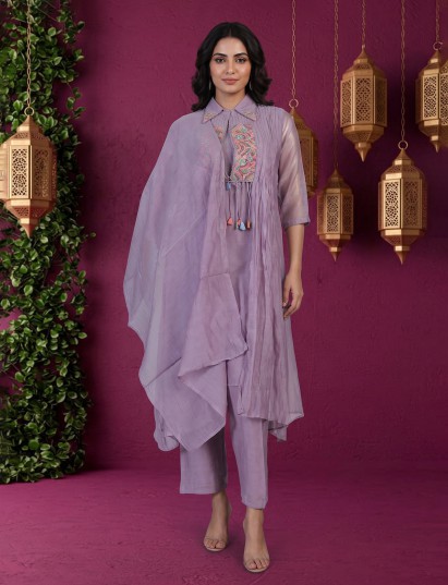 Light purple designer cotton pant suit with embroidered collar