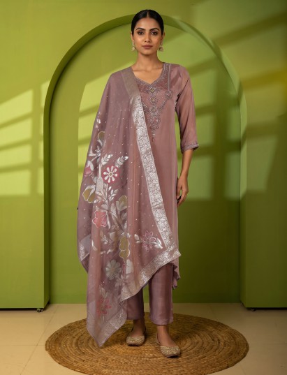 Brown festive cotton silk salwar suit with handcrafted embroidery