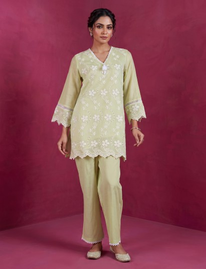 Green handcrafted cotton ethnic co-ord set