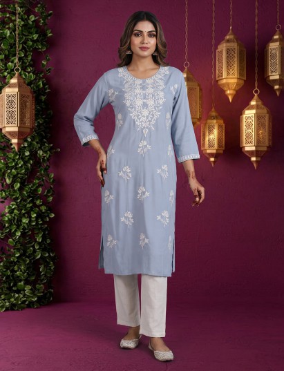 Sky blue premium cotton silk designer kurti