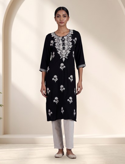 Black handcrafted cotton silk ethnic fashion kurti