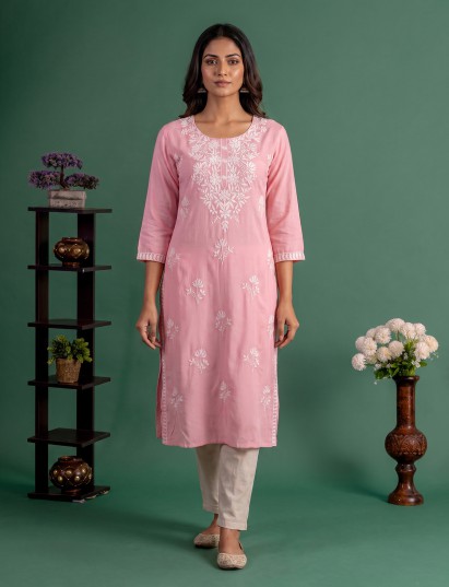 Peach embroidered cotton silk festive wear kurti