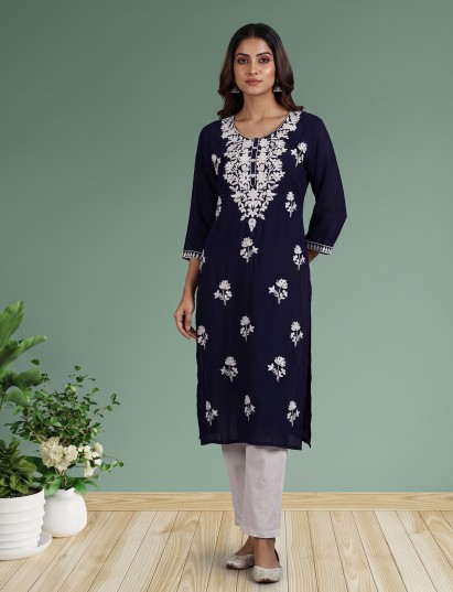 Navy blue classic cotton silk traditional kurti
