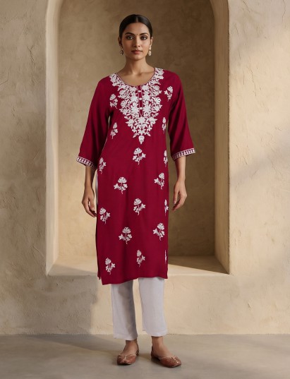 Maroon premium embroidered cotton silk long kurti