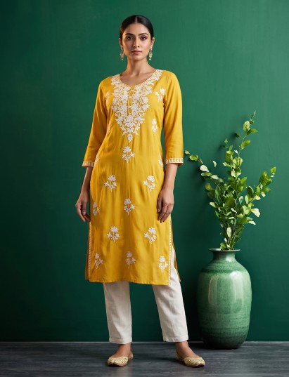 Mustard yellow elegant cotton silk festive wear kurti