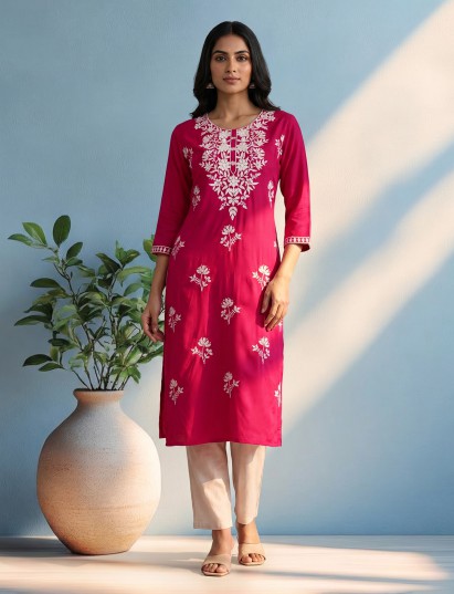 Rani pink floral embroidered festive cotton silk kurti