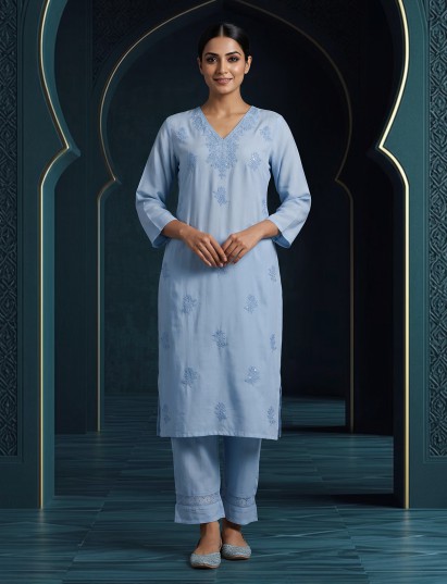 Sky blue classic cotton silk straight kurti set