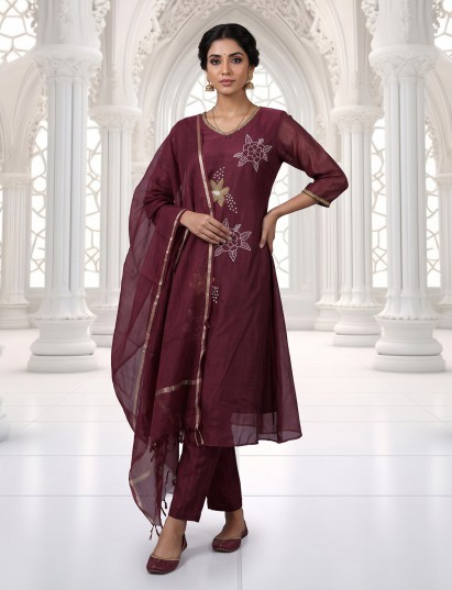 Wine designer cotton silk anarkali kurti set
