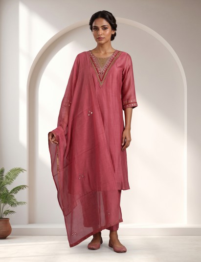 Red mirror work cotton silk kurti set