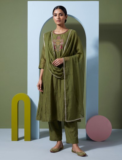 Green embroidered festive cotton silk kurti set