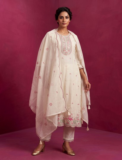 White festive cotton silk anarkali kurti set