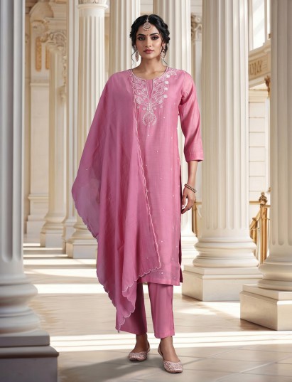 Pink elegant cotton silk festive kurti set