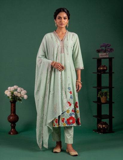Green floral cotton silk designer kurti set