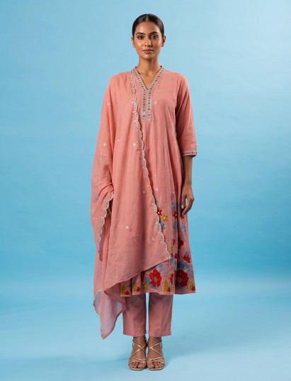Peach floral embroidered cotton silk kurti set