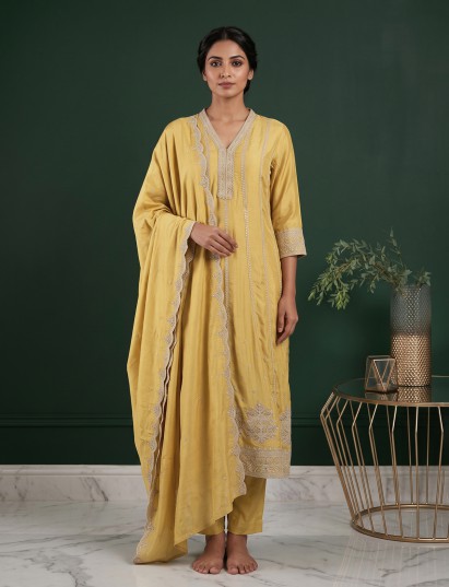 Yellow traditional cotton silk festive kurti set