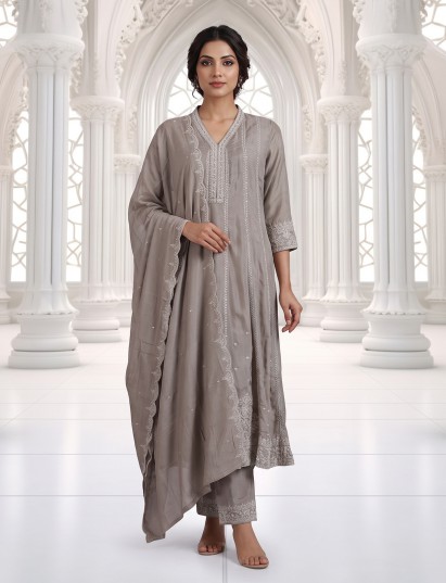 Grey premium cotton silk festive kurti set