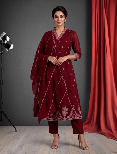 Maroon festive cotton silk anarkali kurti set