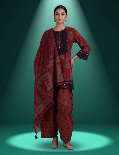 Red printed cotton silk palazzo kurti set