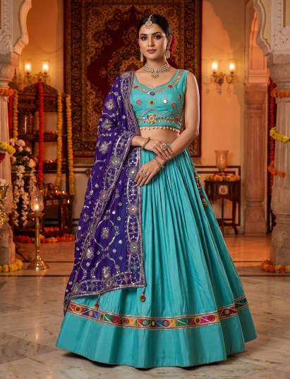 Sky blue mirror work cotton silk festive lehenga choli