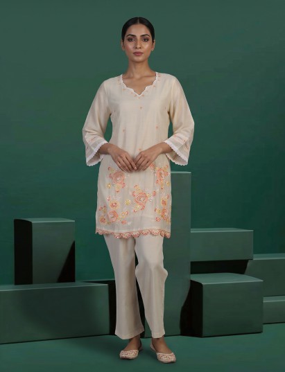 Beige embroidered cotton silk co-ord set for women