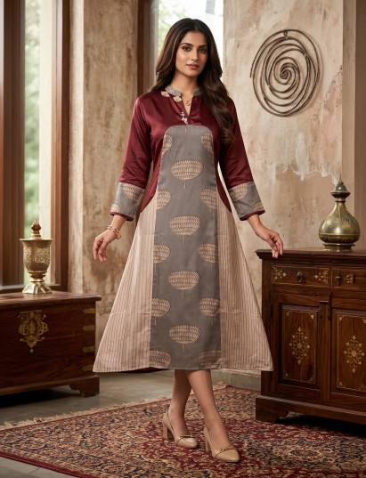 Maroon elegant silk printed ethnic straight kurti