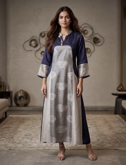 Blue printed silk festive straight designer kurti