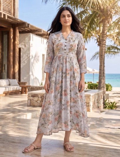 Grey floral organza silk partywear midi dress